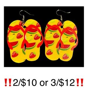 Flip Flop Earrings Strawberry Watermelon Banana Fruit Print Wooden Summer Yellow